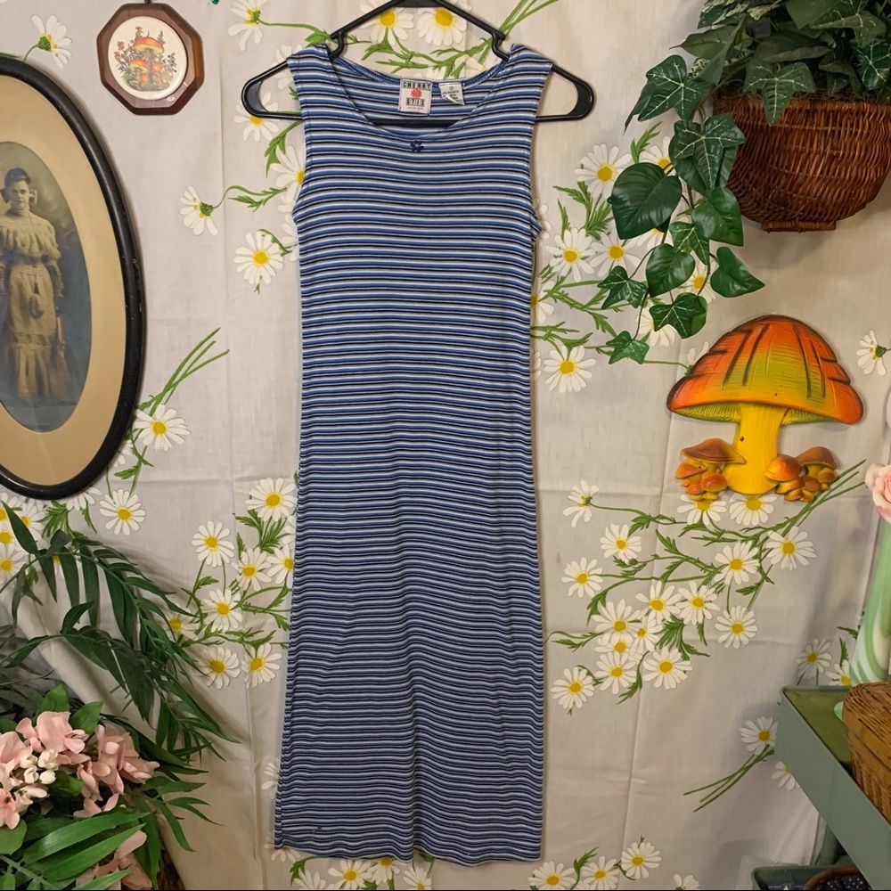 Vintage y2k blue black stripe midi tank top dress - Picture 3 of 6